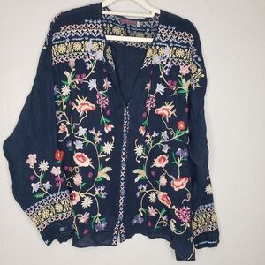Johnny Was Navy Floral Embroidered Blouse